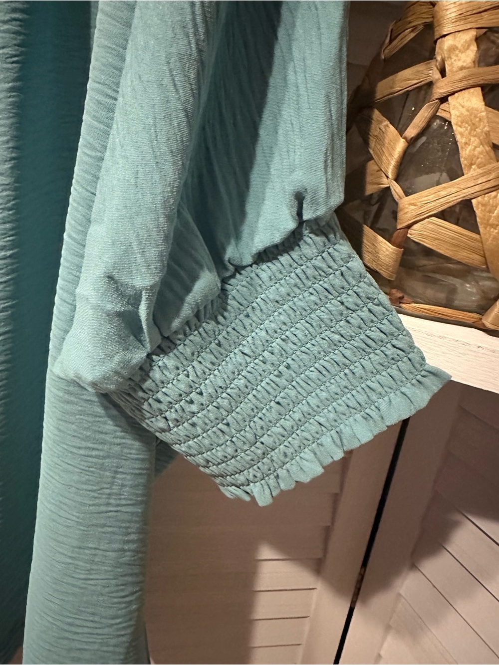 Zenana Light Teal Crinkle Blouse Smocked Cuffs Oversized Collared Top - Picture 5 of 5